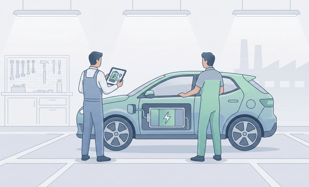 Vector illustration of technicians using a tablet to diagnose an electric vehicle during corporate EV training.