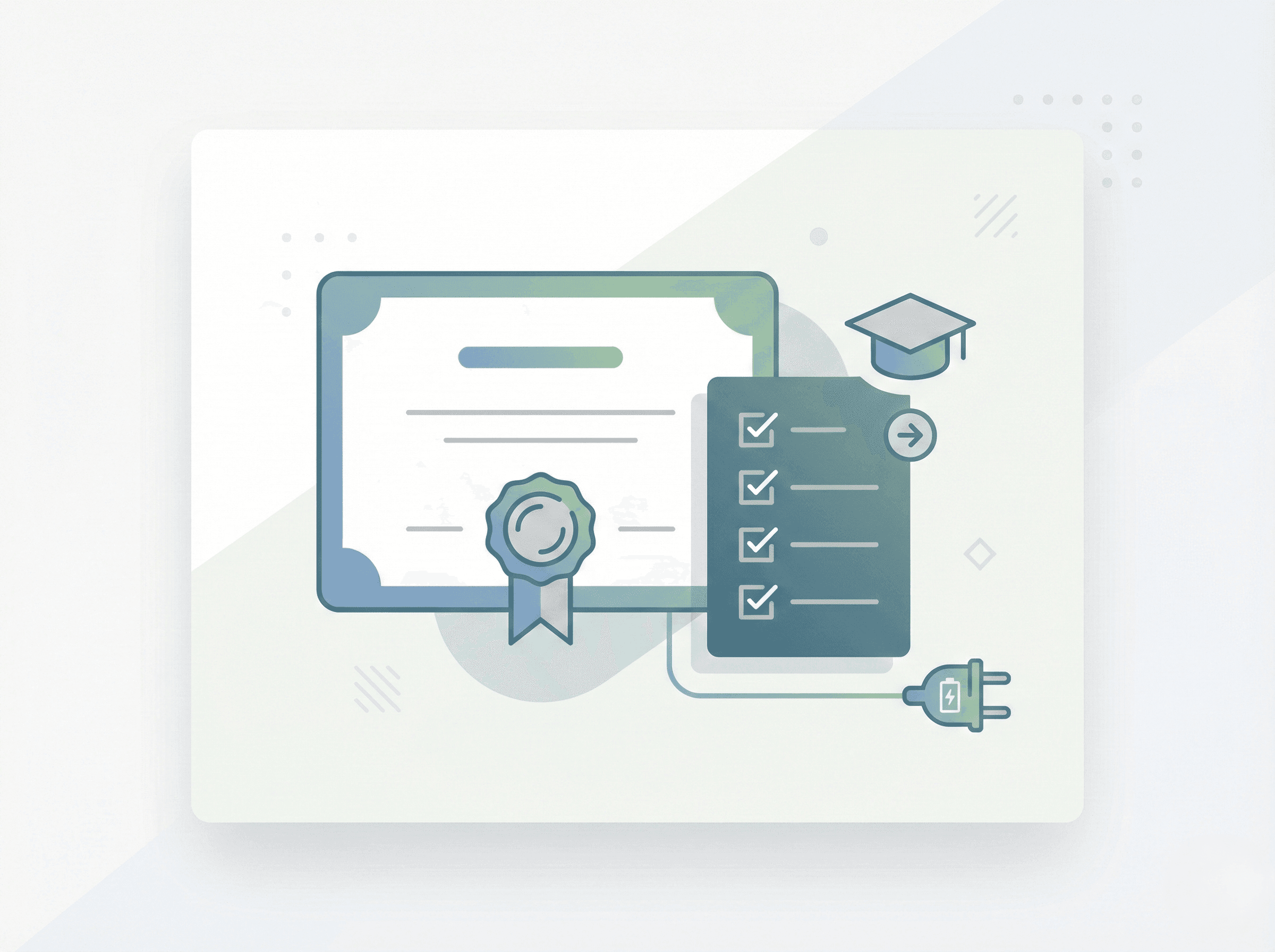 Vector illustration of a certificate with a seal icon and checklist representing proof of completion for select EV training programs.