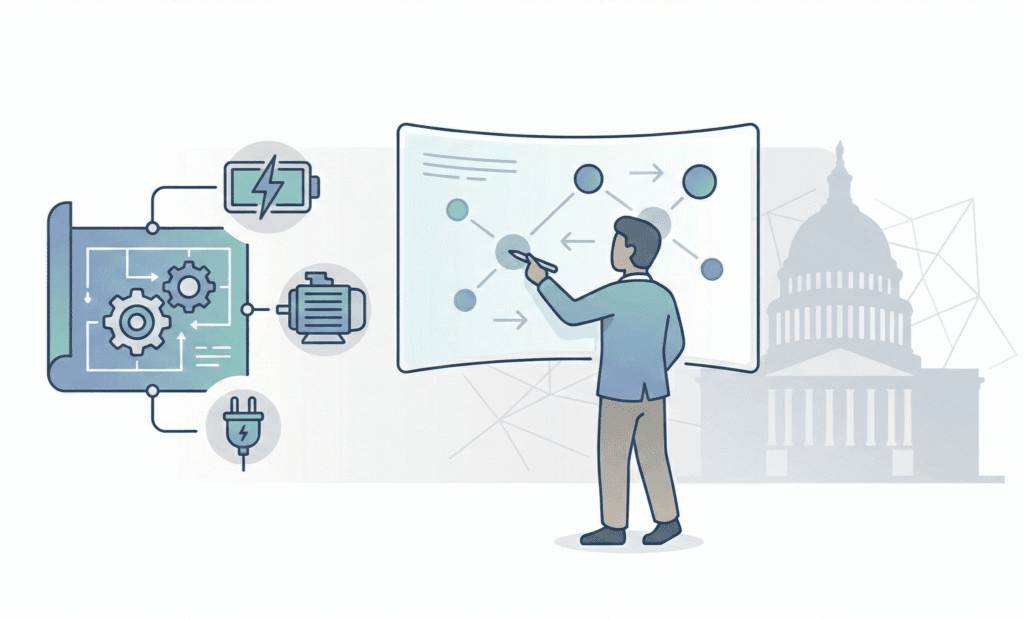 Vector illustration of EV curriculum design and instructor training for education and government partners.