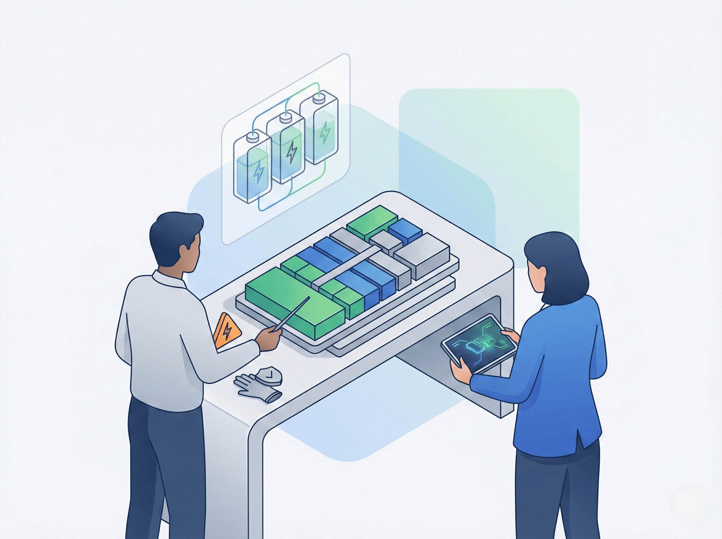 Vector illustration of an EV battery module on a workbench with a trainer and learner reviewing it on a tablet.