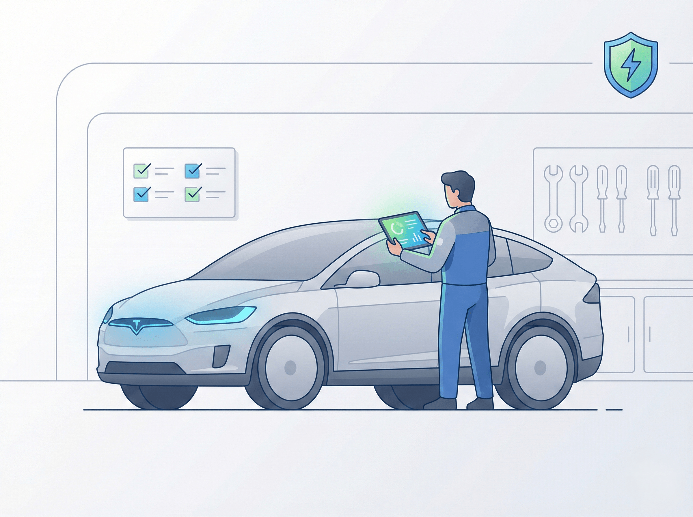 Vector illustration of an EV technician using a diagnostic tablet beside an electric vehicle in a clean service bay.