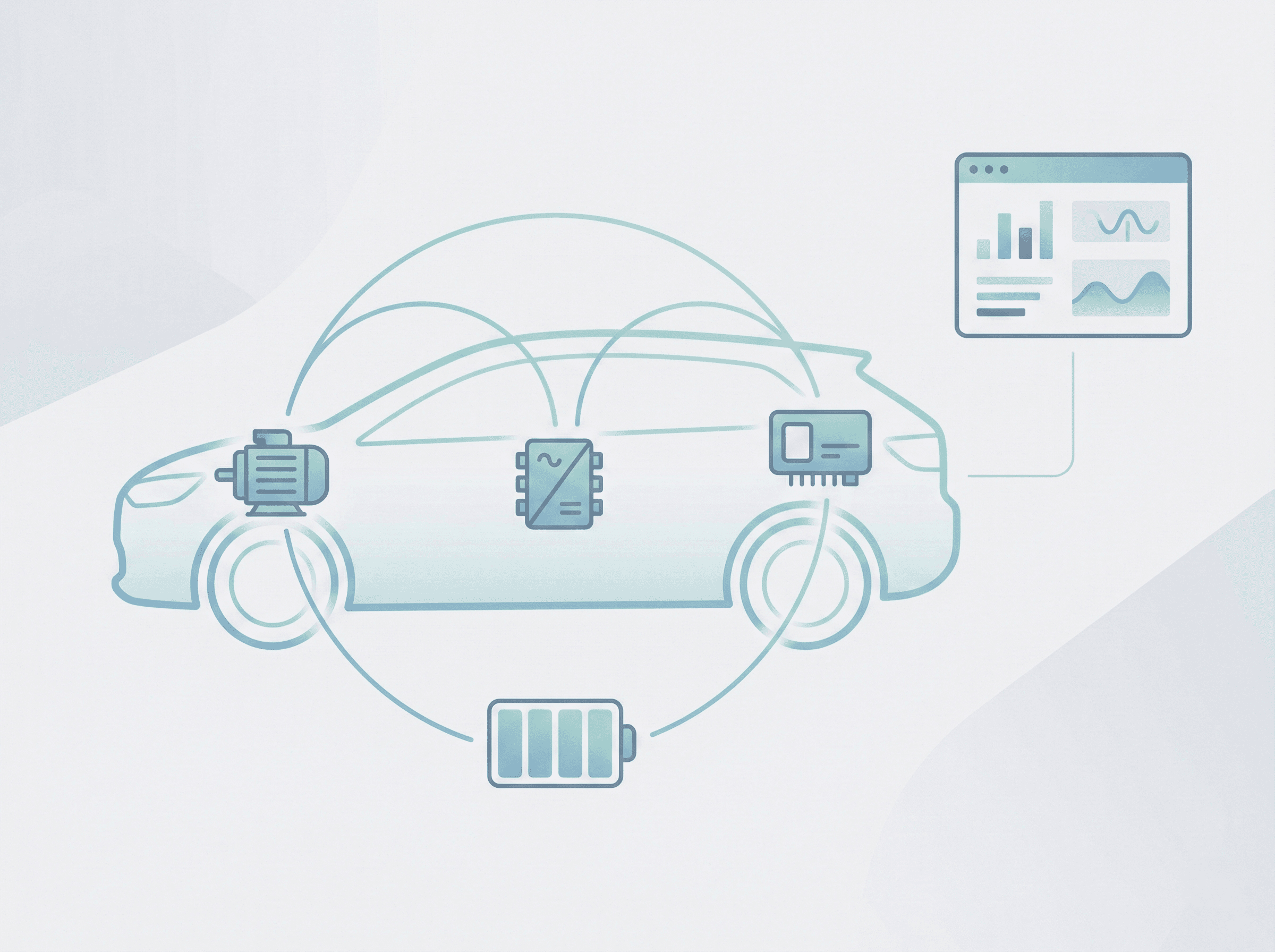 Vector illustration of an electric vehicle with connected icons for battery, motor, power electronics, and control units plus a diagnostic screen.