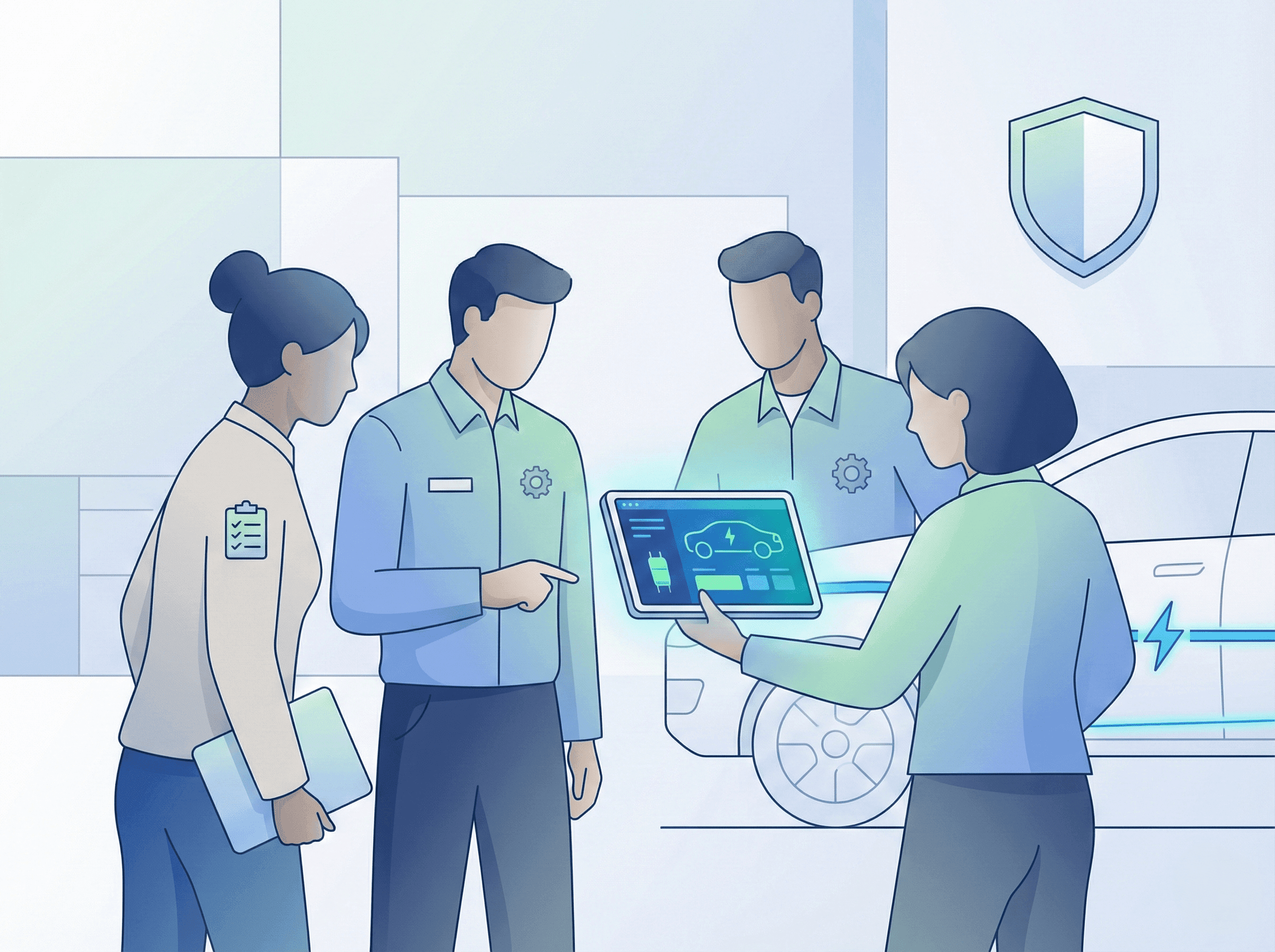 Vector illustration of a service team reviewing EV diagnostics on a tablet beside an electric vehicle during training.