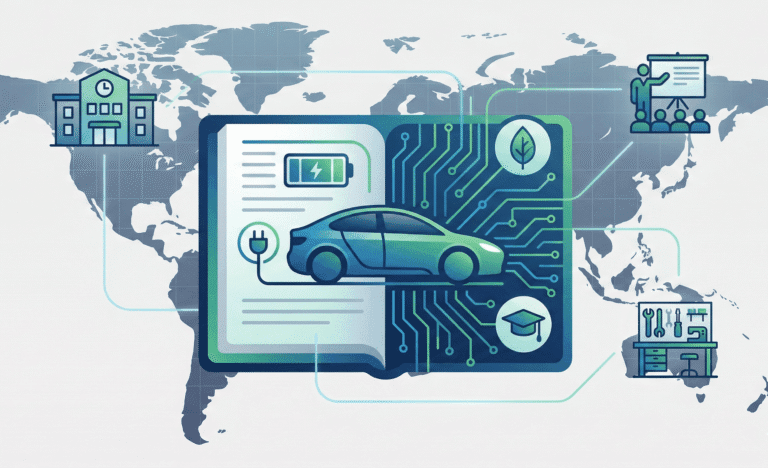 Vector illustration of a global EV training network with a digital learning tablet, EV icons, and connected education and corporate training elements.