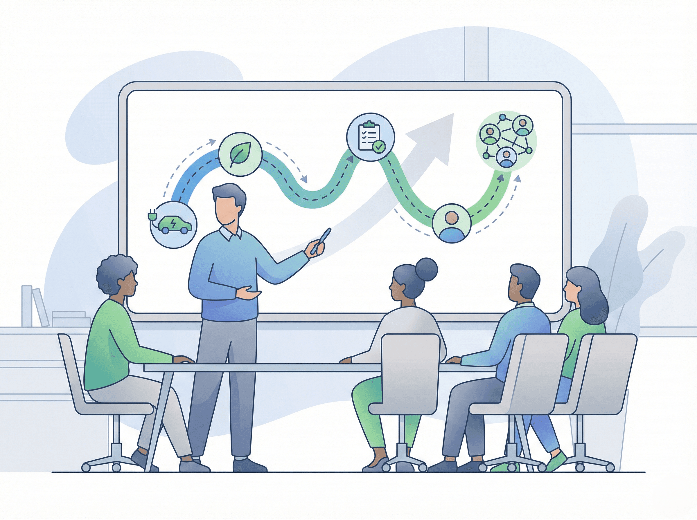 Vector illustration of a leader presenting a sustainability and EV transition roadmap to a team in a workshop setting.