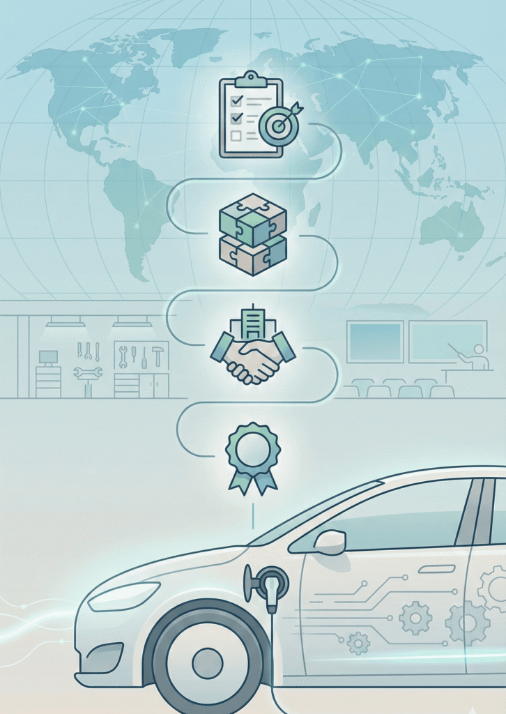 Vertical vector illustration of an EV training pathway with icons for role-based outcomes, modular design, partner delivery, and certification in a global network style.
