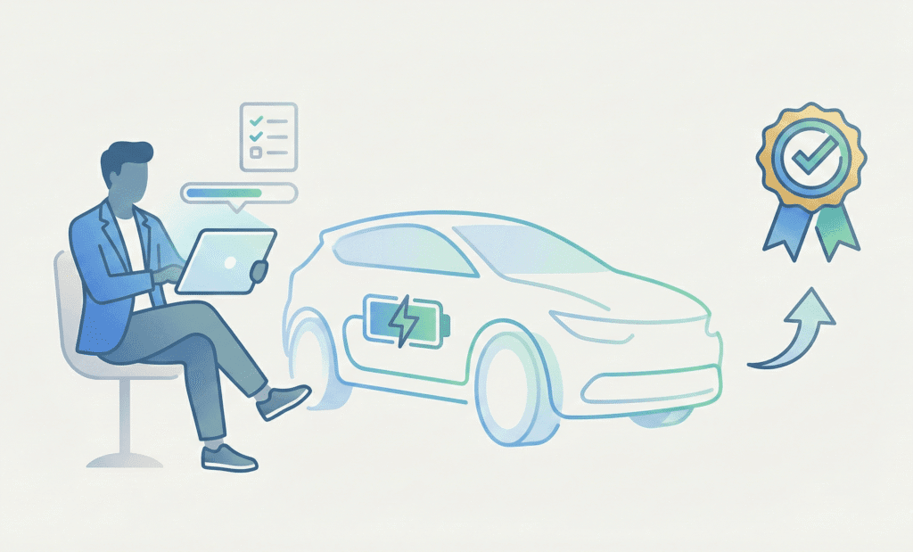 Vector illustration of an individual learning EV skills on a laptop with a certificate badge icon.