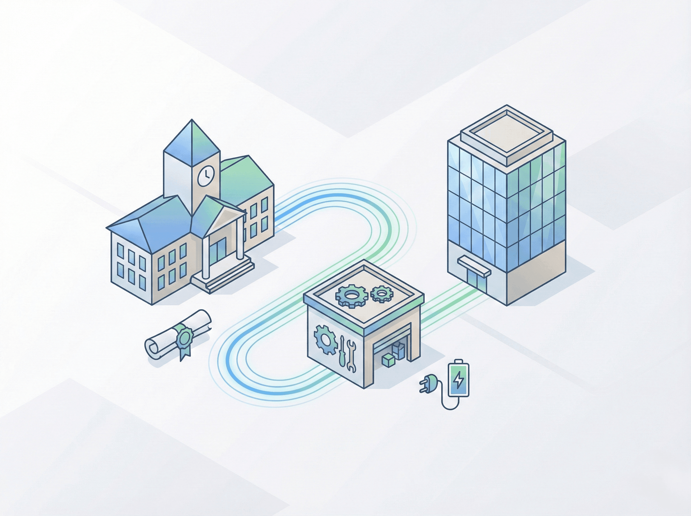 Vector illustration of an institution, training lab, and company connected with a diploma icon representing partner-delivered academic pathways.