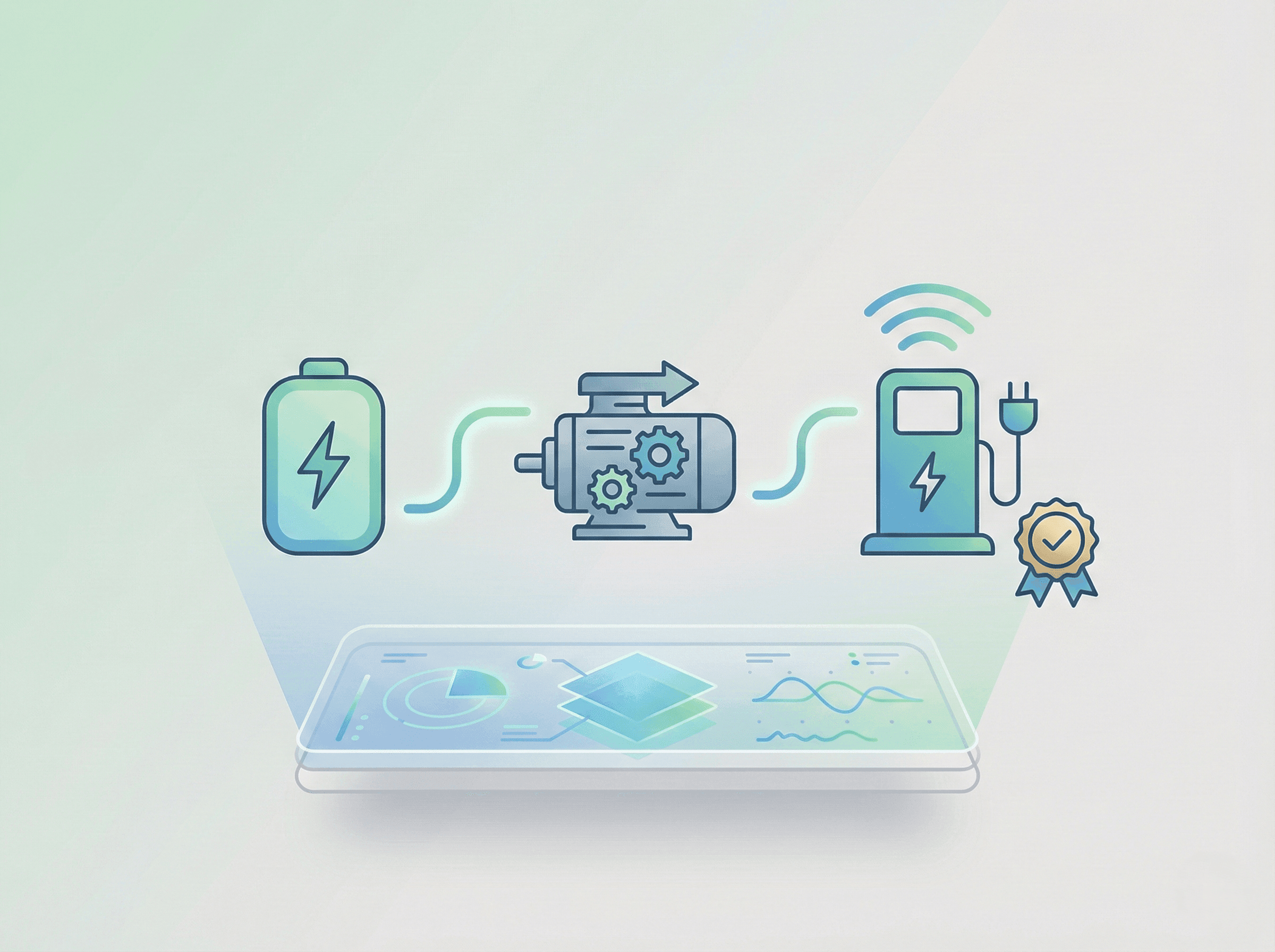 Vector illustration of skill icons for battery, motor, and charging with a badge symbol representing EV skills recognition.
